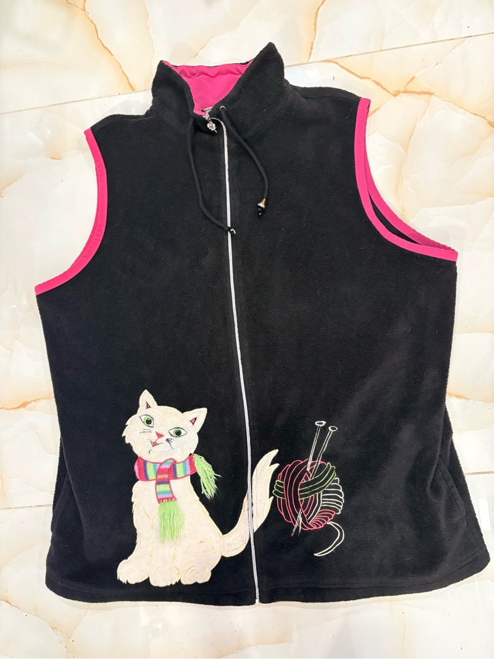 Allison Daley Black Fleece Zipper Vest With Hot Pink Trim White Cat Kitty Size L